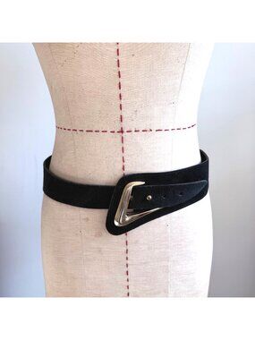 Black Suede Belt With Gold-Tone Buckle - Wide Waist Belt For Women